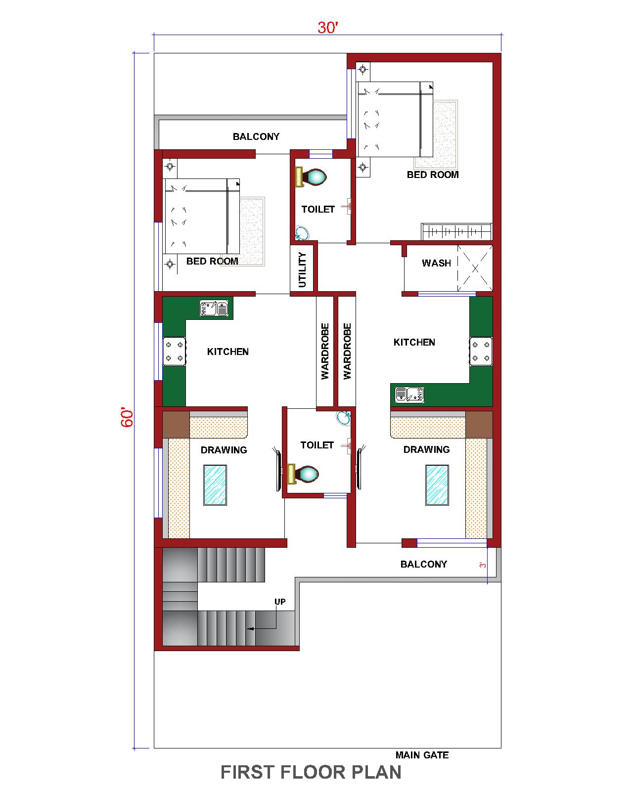 Triplex Floor Design First Floor Plan - 1800 Sqft
