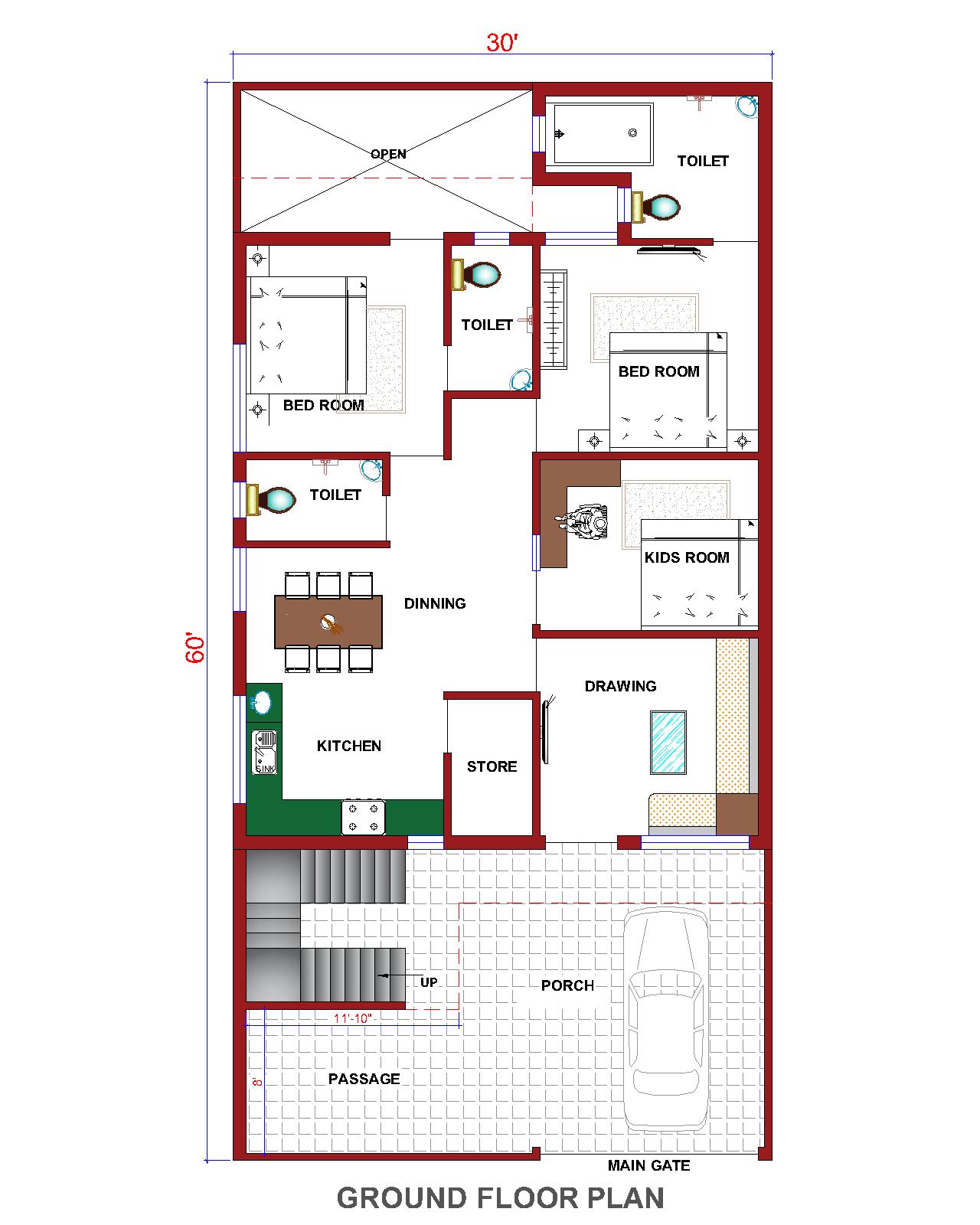 Triplex Floor Design Ground Floor Plan - 1800 Sqft