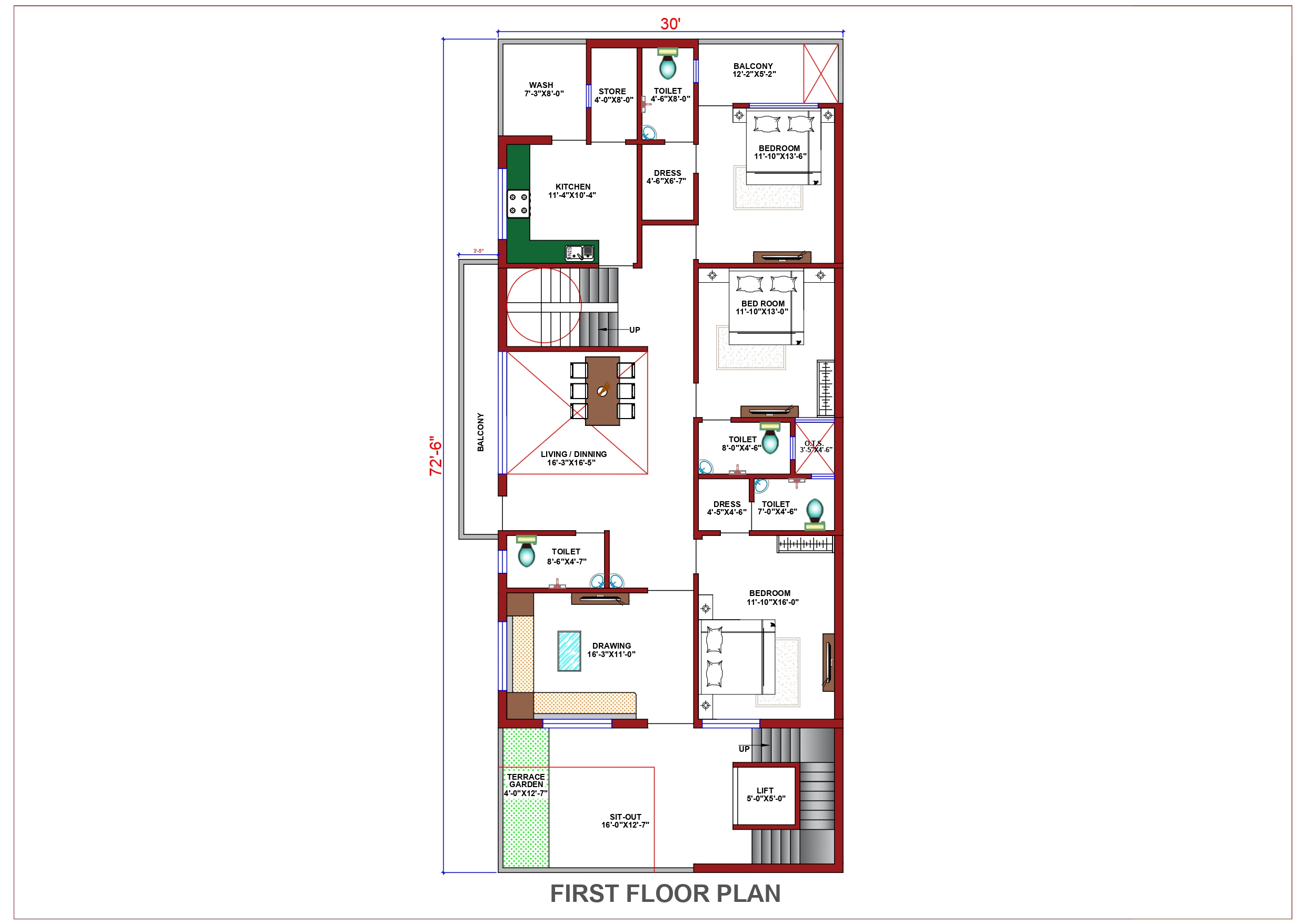 3 Storey House Design First Floor Plan - 2190 Sqft