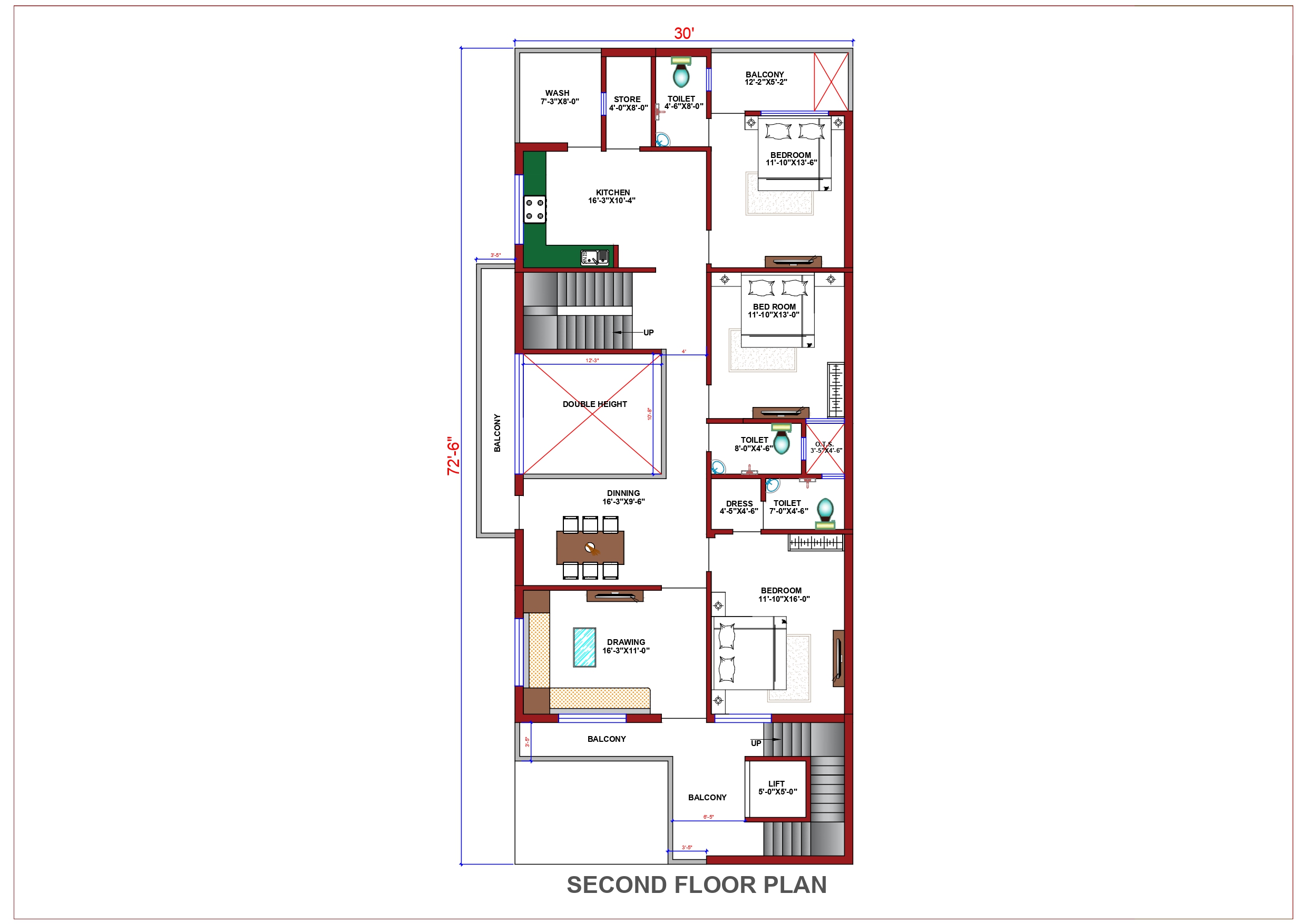 3 Storey House Design Second Floor Plan - 2190 Sqft