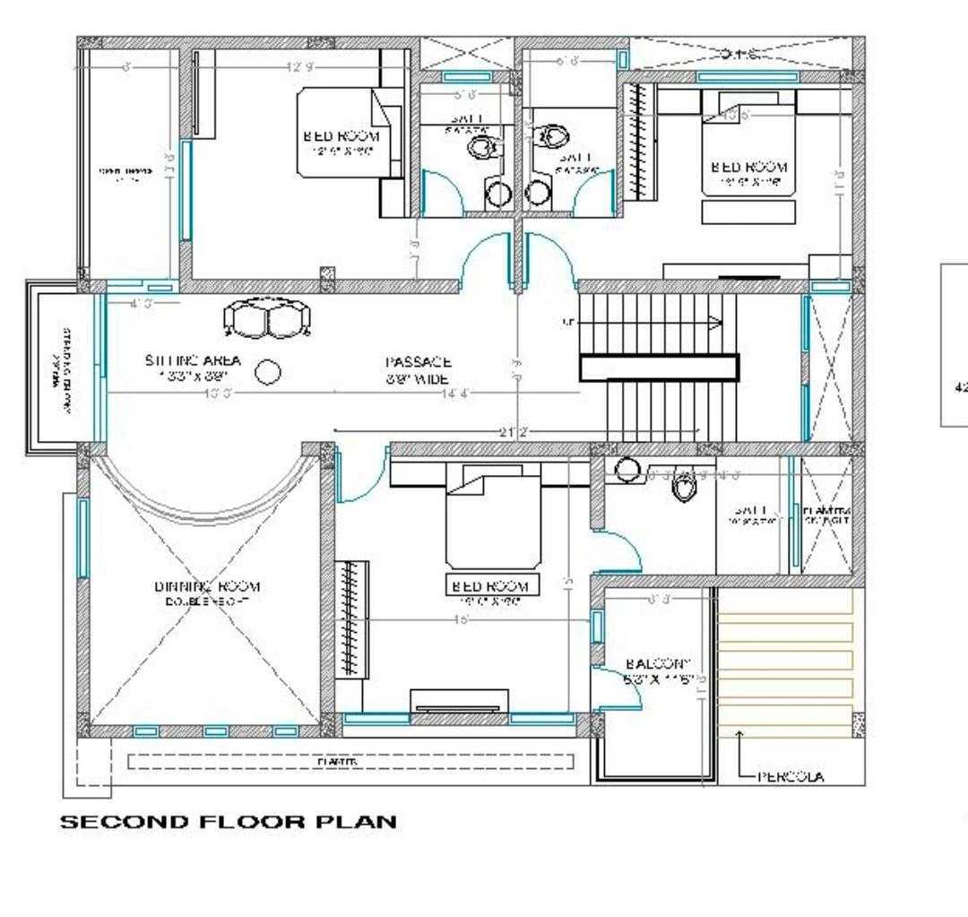 3 Storey House Design Second Floor Plan - 1848 Sqft
