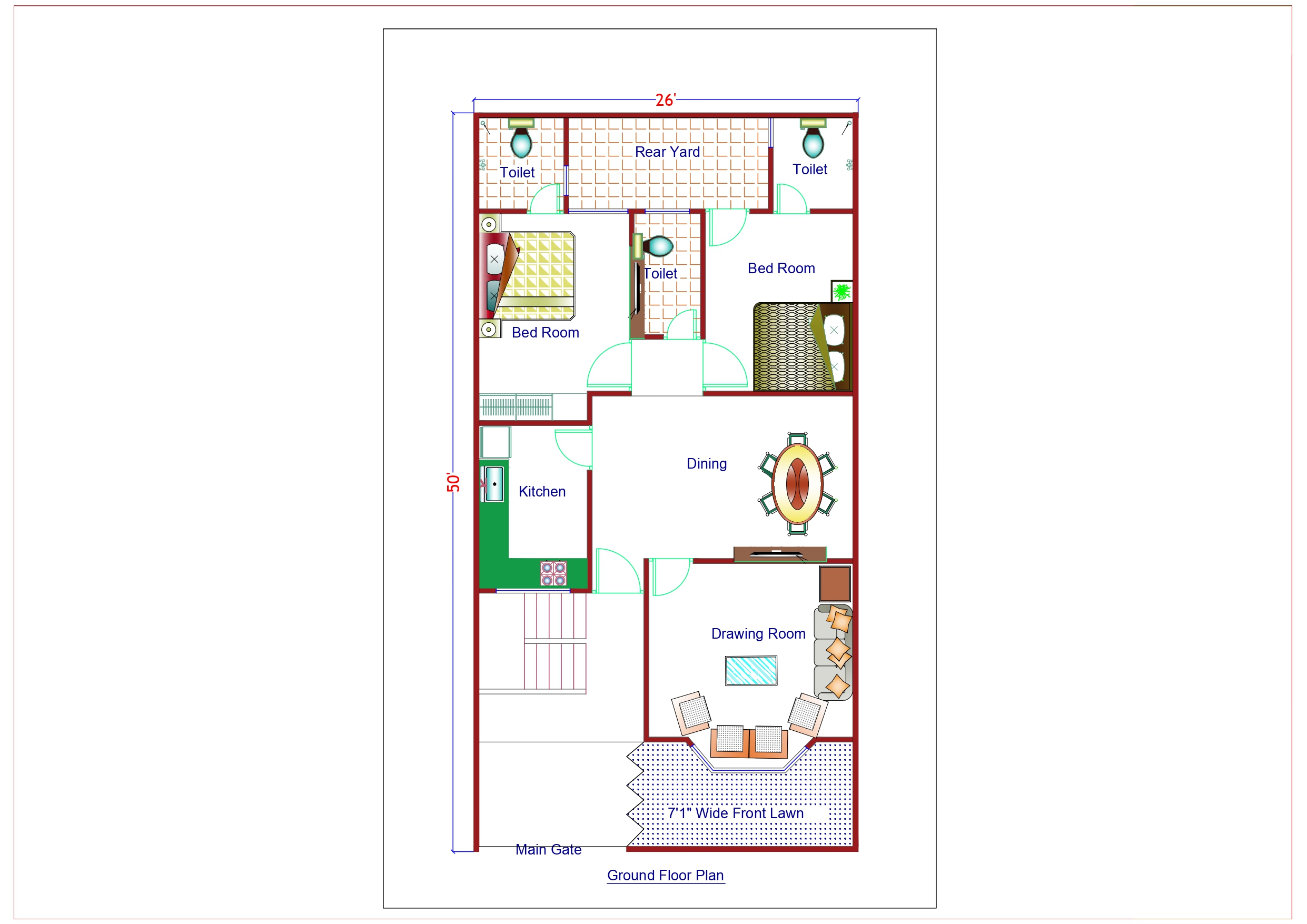 Double Storey House Design Ground Floor Plan - 1300 Sqft