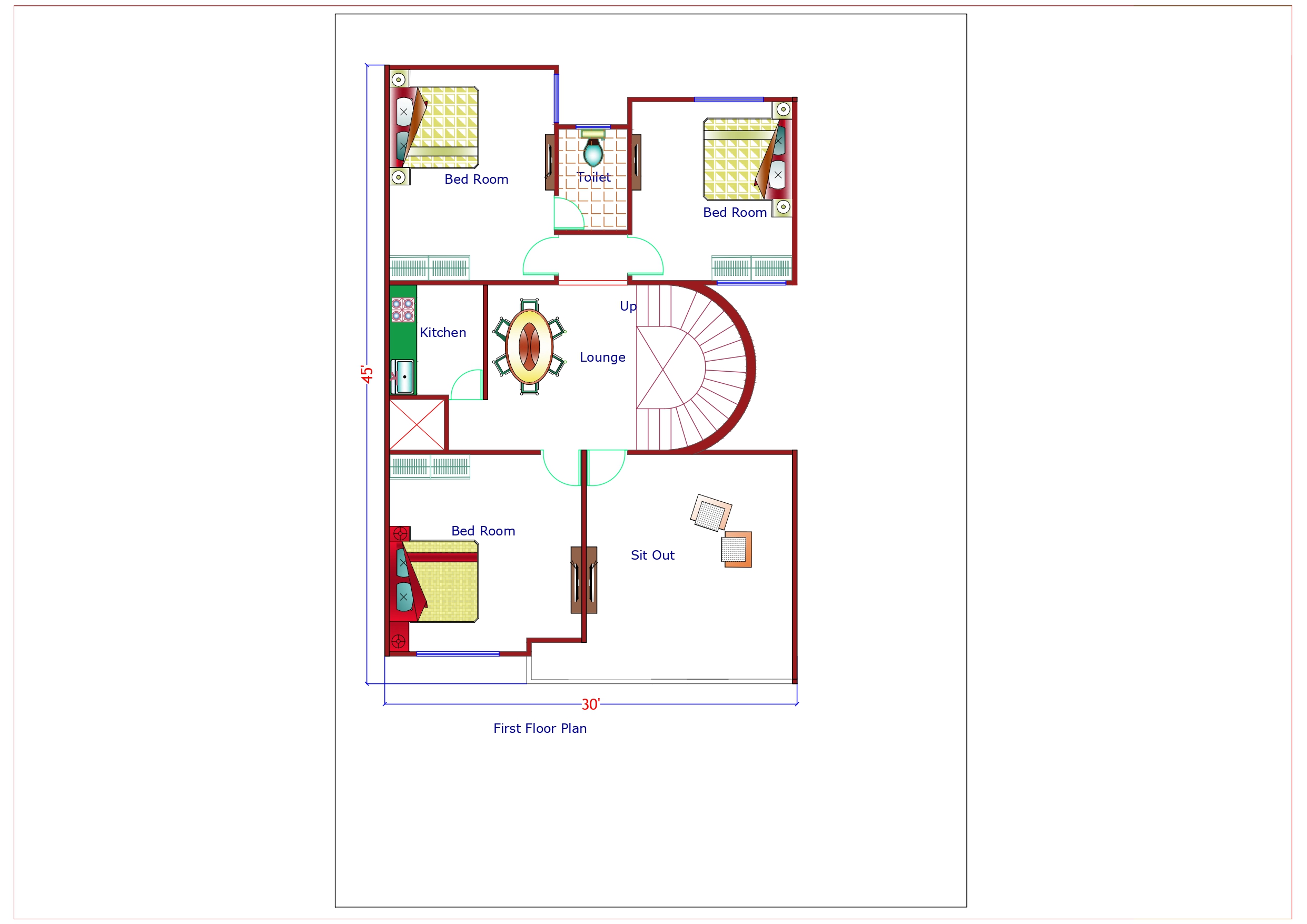 Two Storey Bungalow Design First Floor Plan - 1350 Sqft