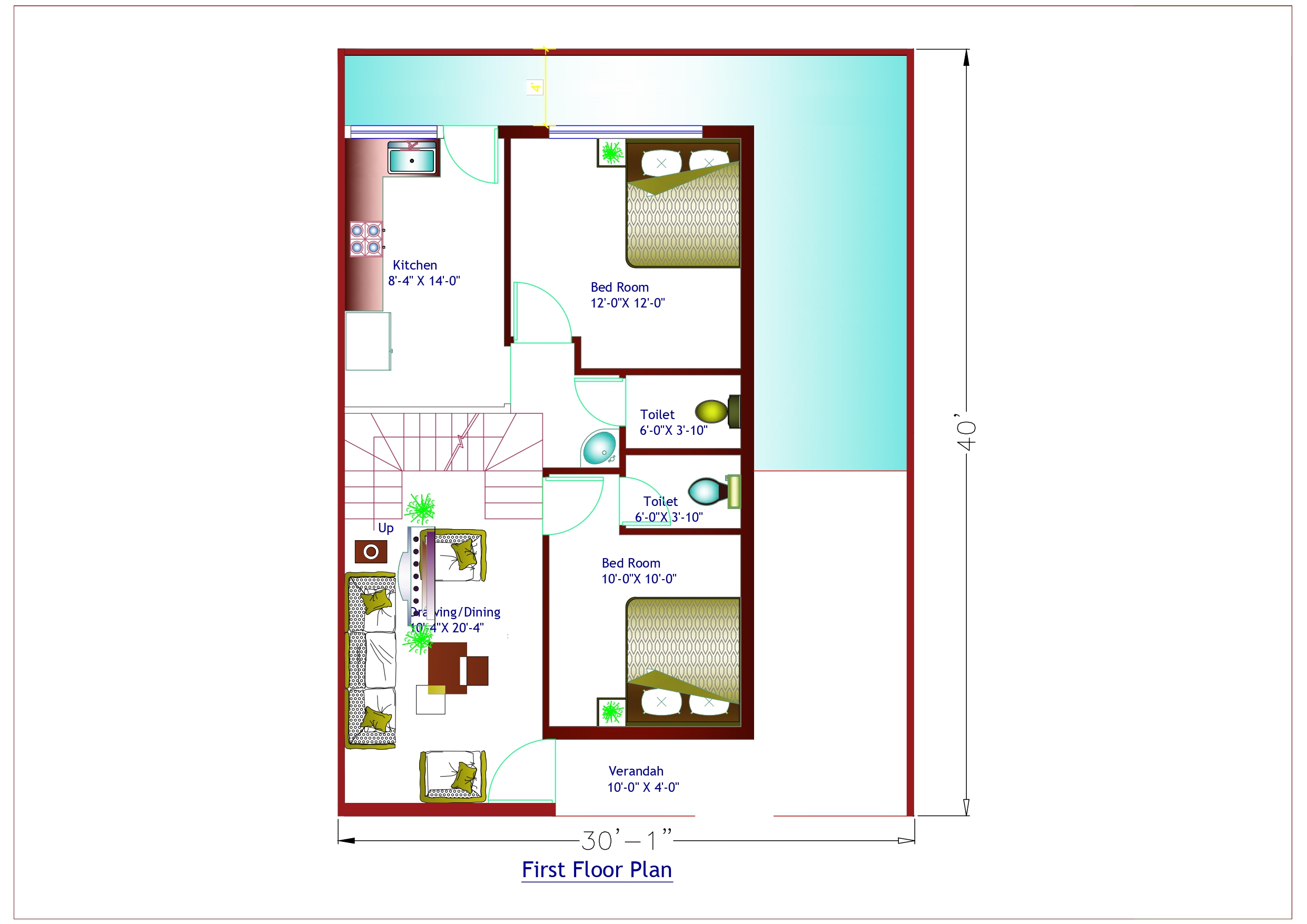 Duplex House Design First Floor Plan - 1500 Sqft