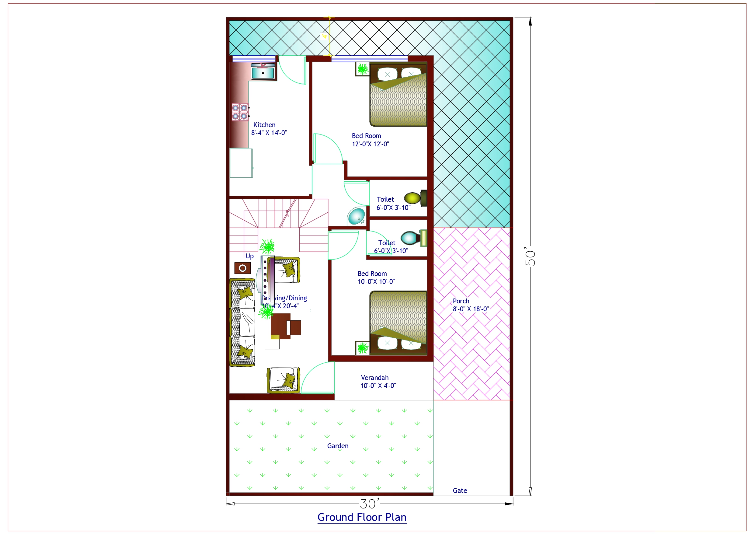 Duplex House Design Ground Floor Plan - 1500 Sqft