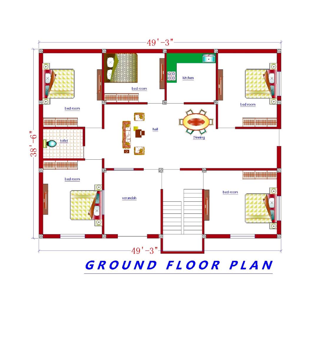 One Storey House Design Ground Floor Plan - 2000 Sqft