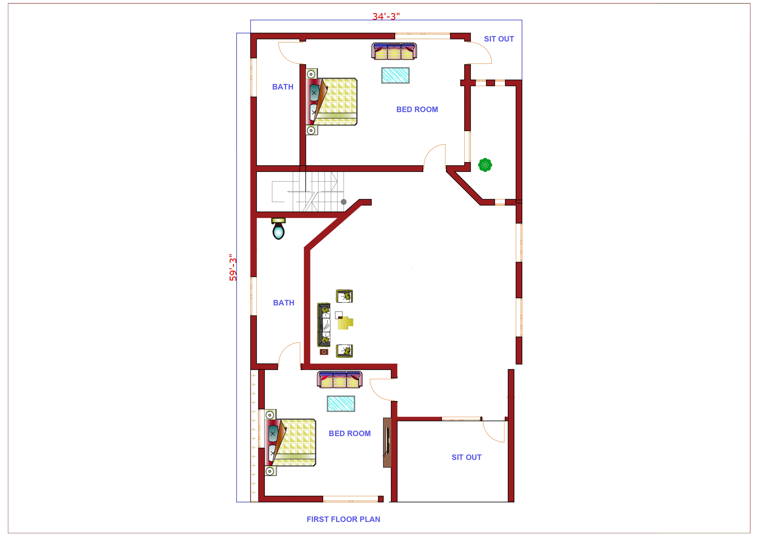 3 Floor House Design First Floor Plan - 3600 Sqft