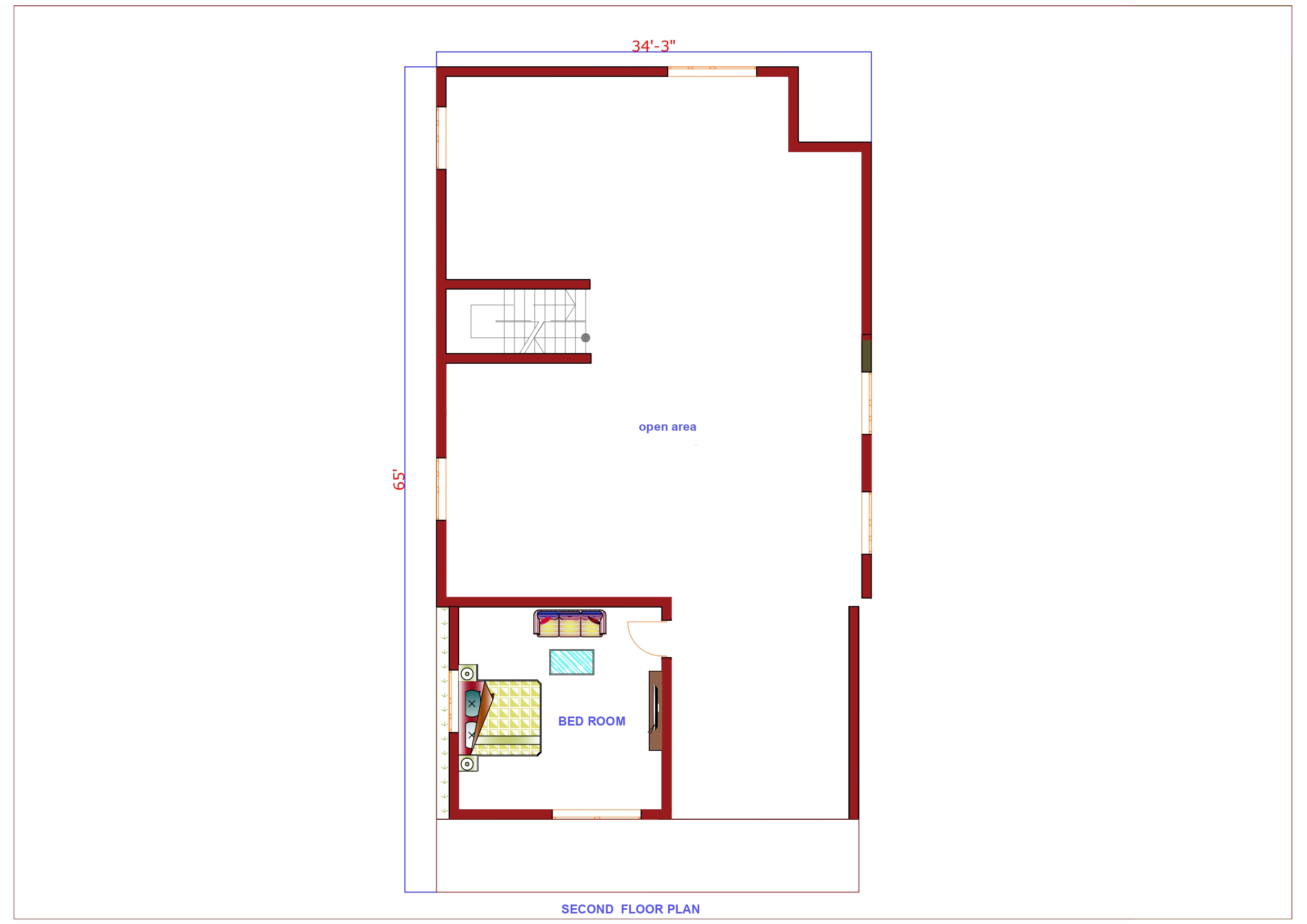 3 Floor House Design Second Floor Plan - 3600 Sqft