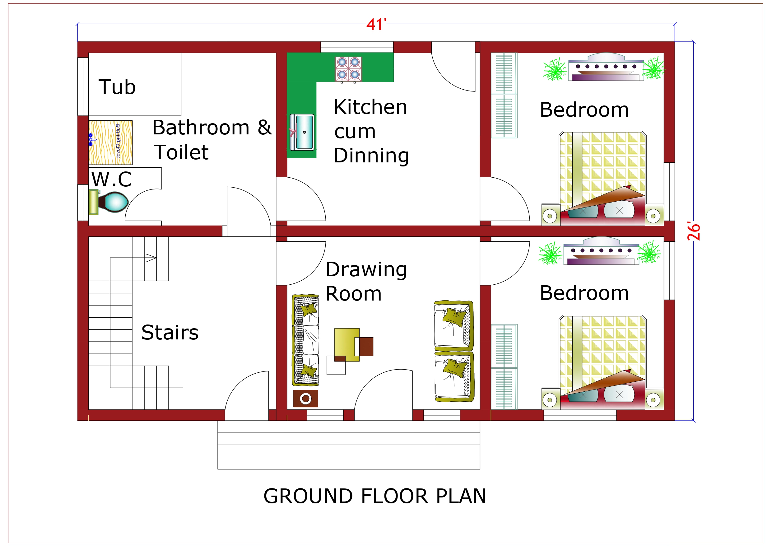 Triplex House Design Ground Floor Plan - 1000 Sqft