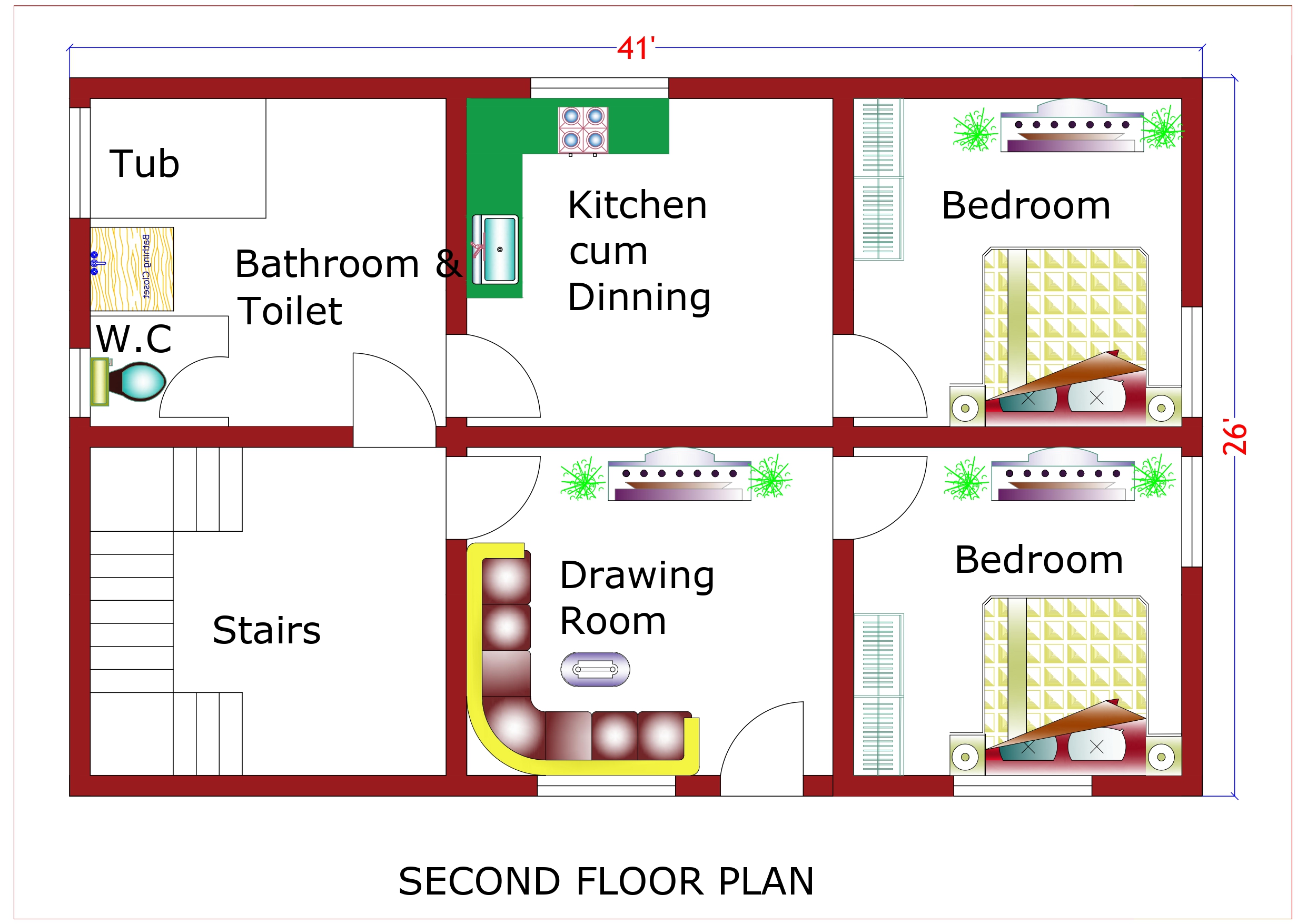 Triplex House Design Second Floor Plan - 1000 Sqft