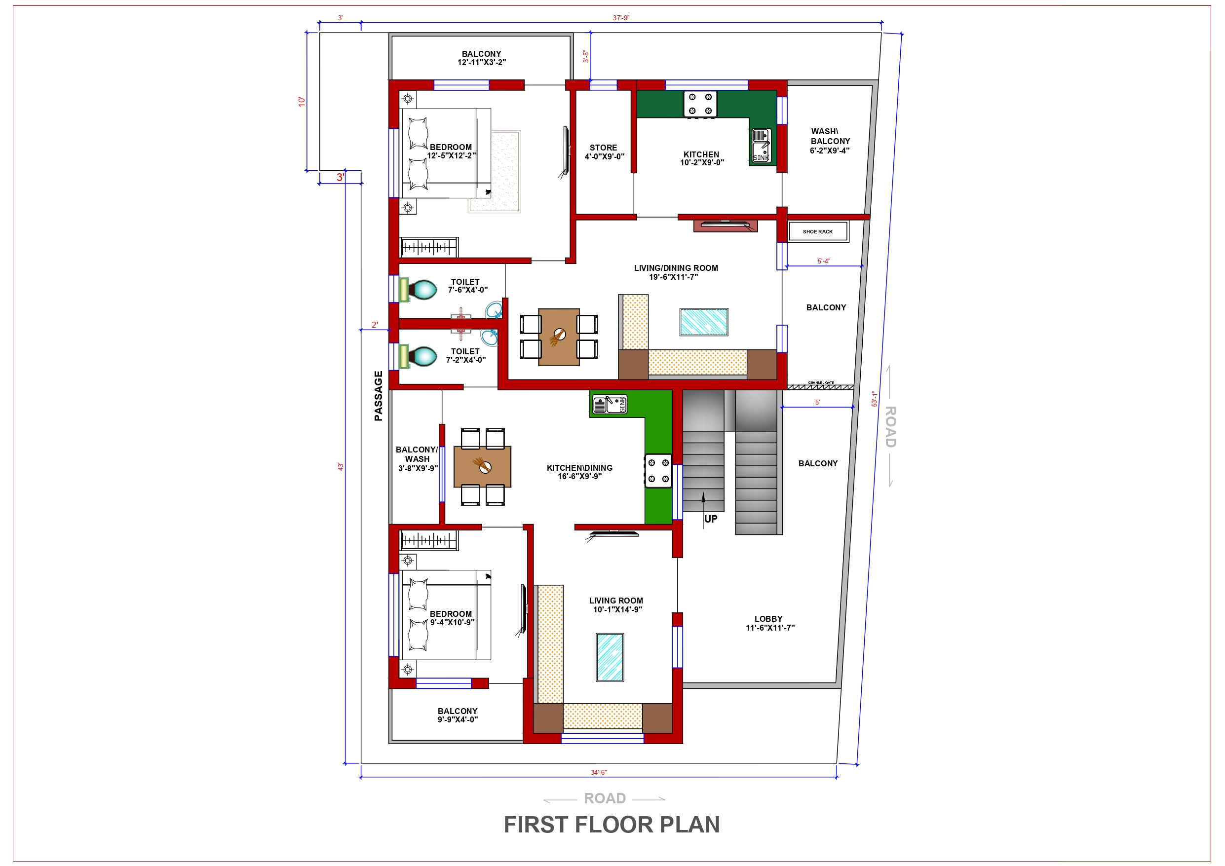 Double Storey House Design First Floor Plan - 1802 Sqft